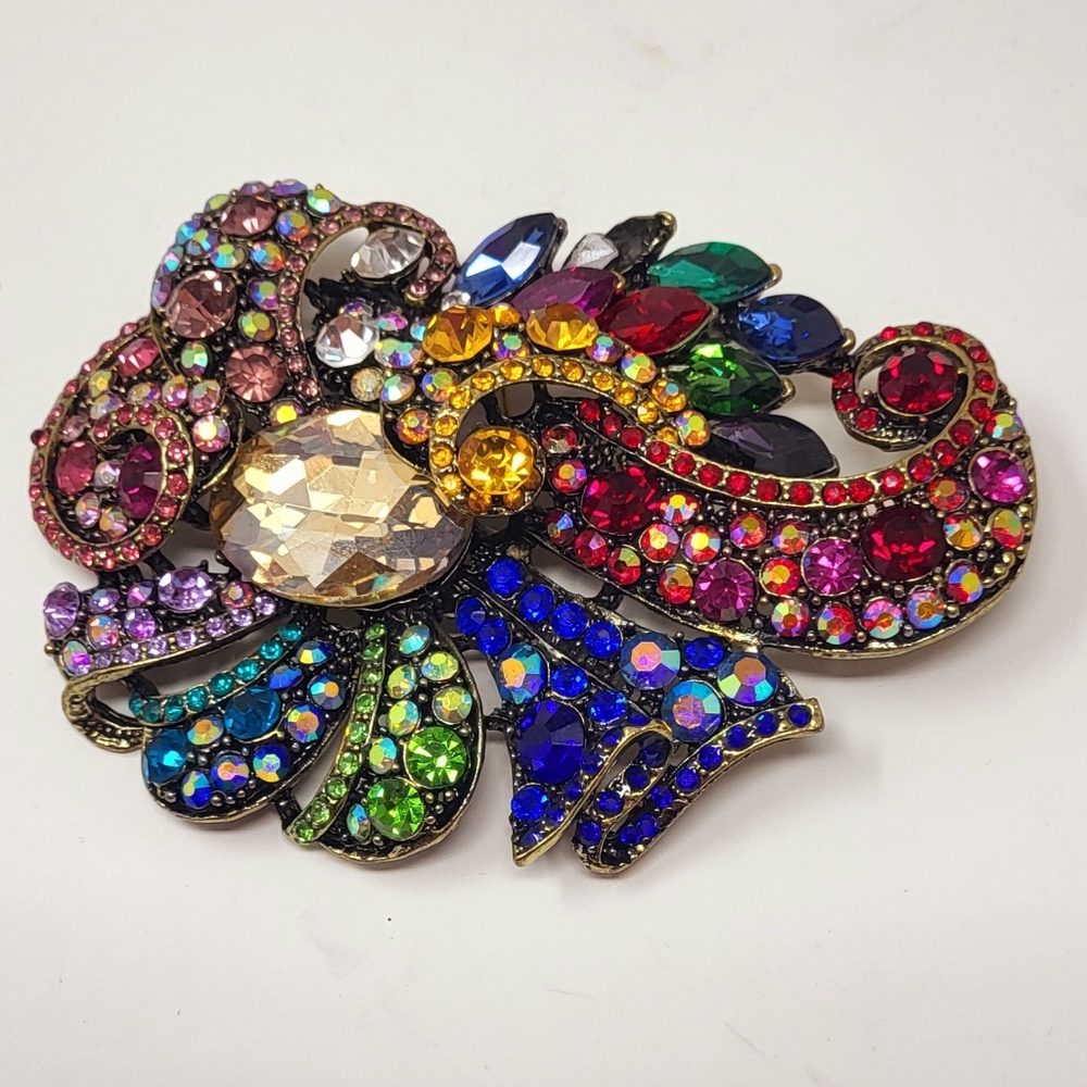 HUGE Rainbow of Rhinestone Ribbons Brooch Vintage Style 3" x 4" approximately